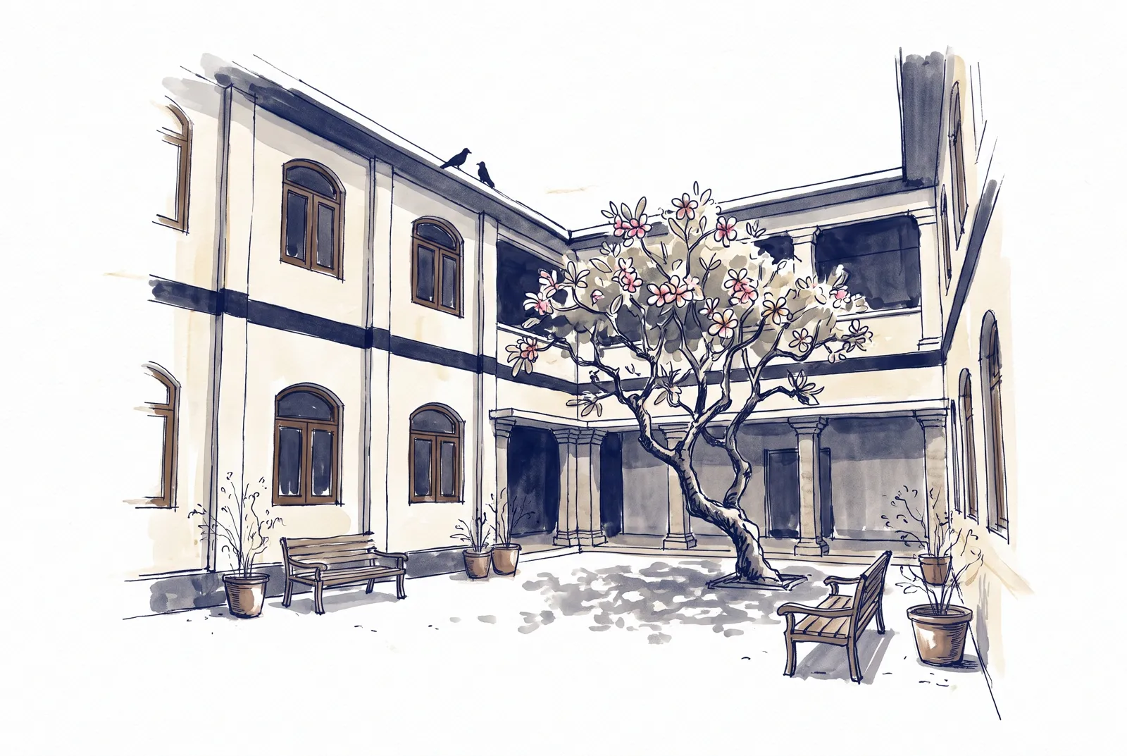 Ink-and-wash illustration of the sunlit school atrium