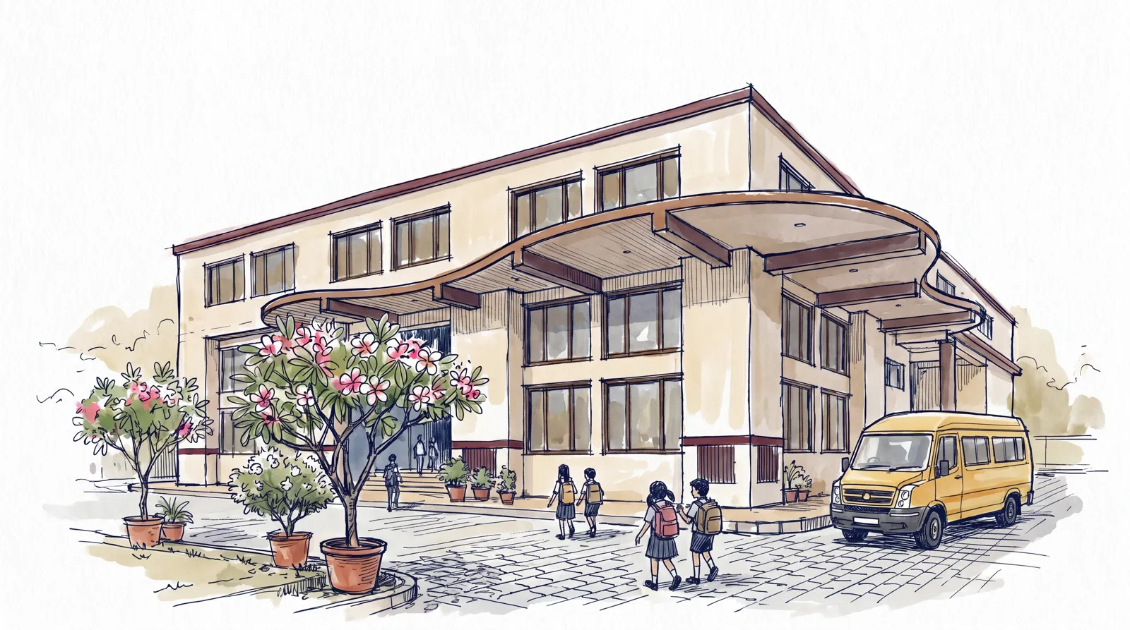 Ink-and-wash illustration of the Poola School entrance — frangipani trees and the yellow school bus at the portico