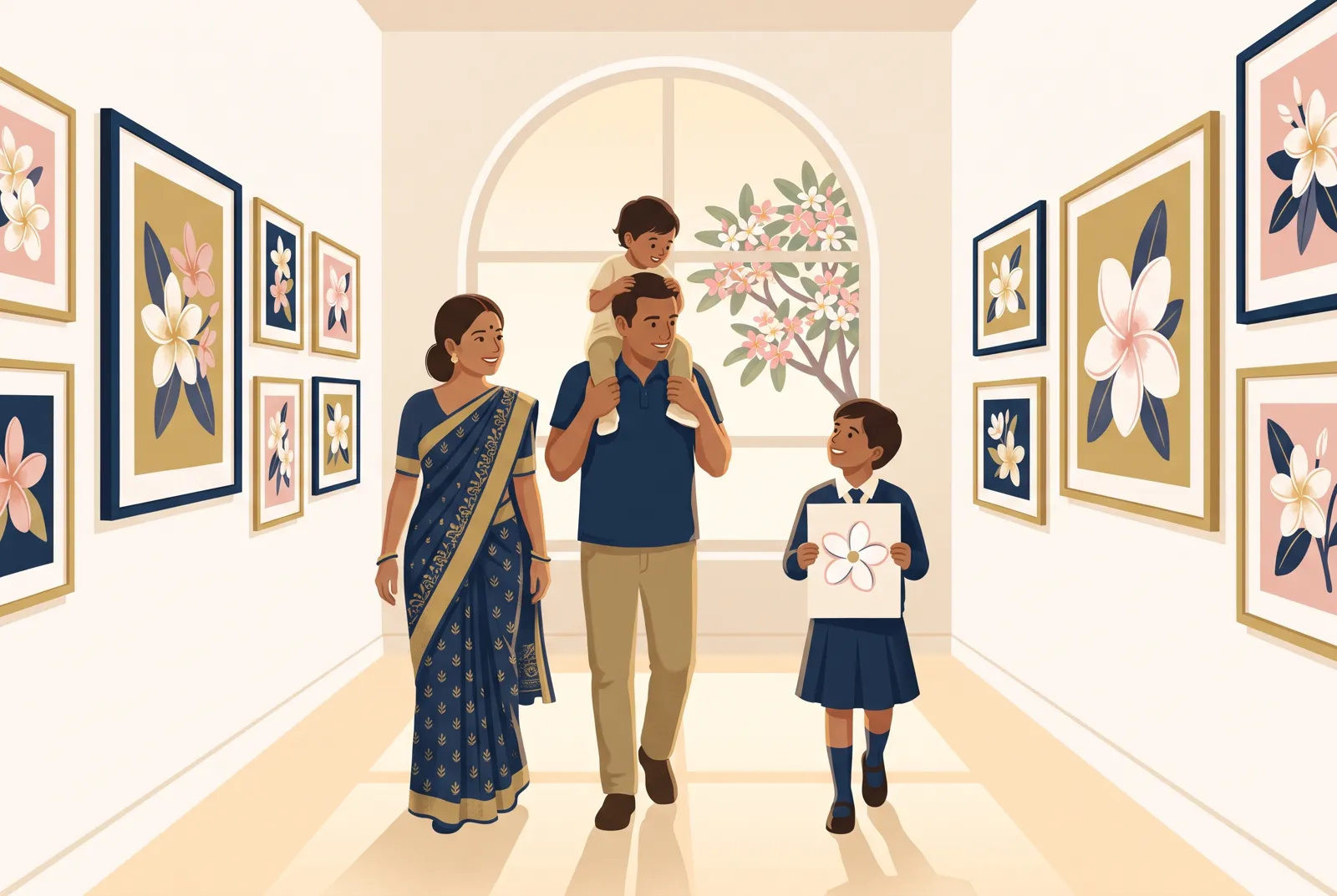 Illustration of a family viewing children's artwork at a Poola School open house