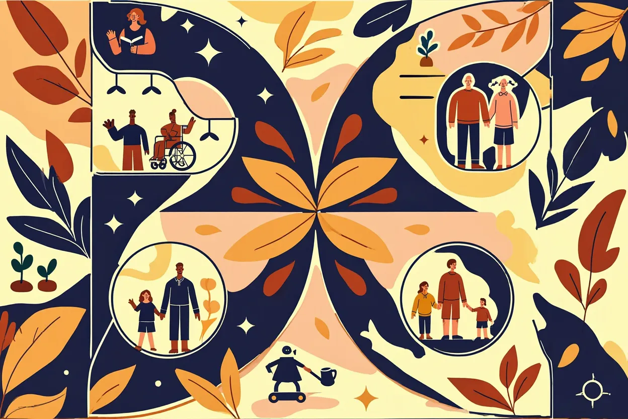 The community mural in warm autumn tones — families and teachers among interwoven petals