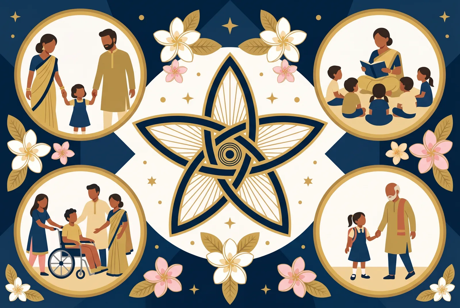 Illustrated mural of the Poola School community — families, teachers and children among five petals