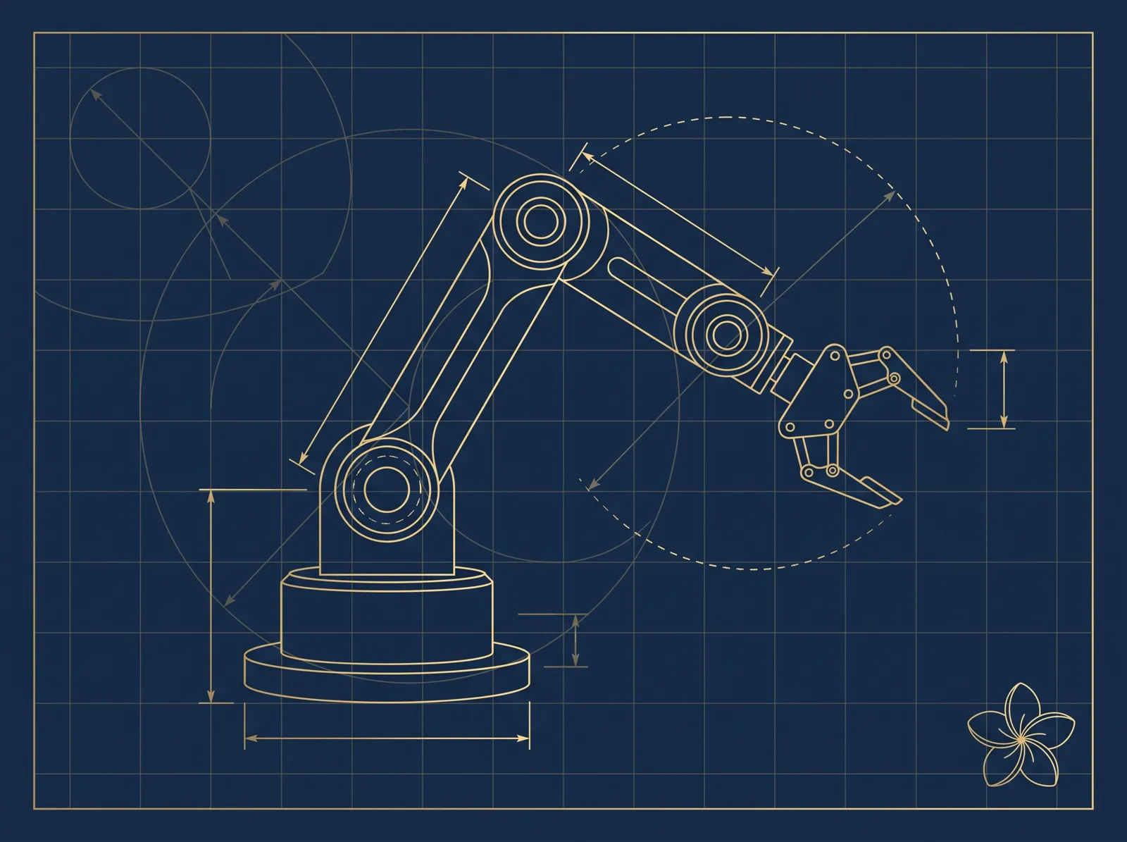Gold-on-navy blueprint illustration of the school's six-axis robotic arm