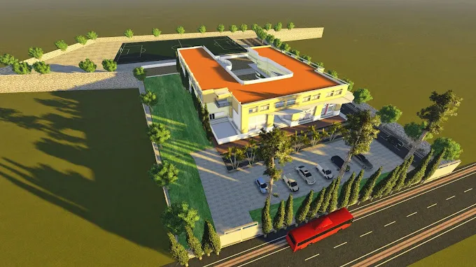 Early aerial site render of the campus