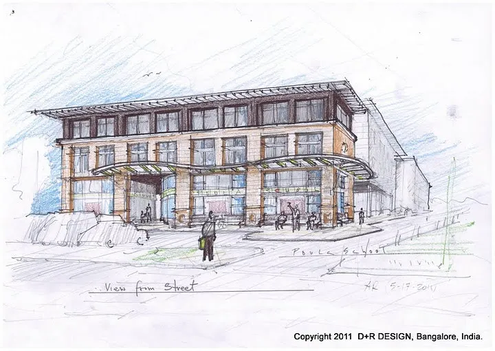 2011 architect's pencil sketch of the school seen from the street